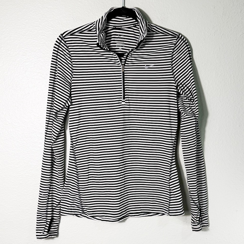 Nike Black and White Striped 1/4 Zip Long Sleeve Running Pullover